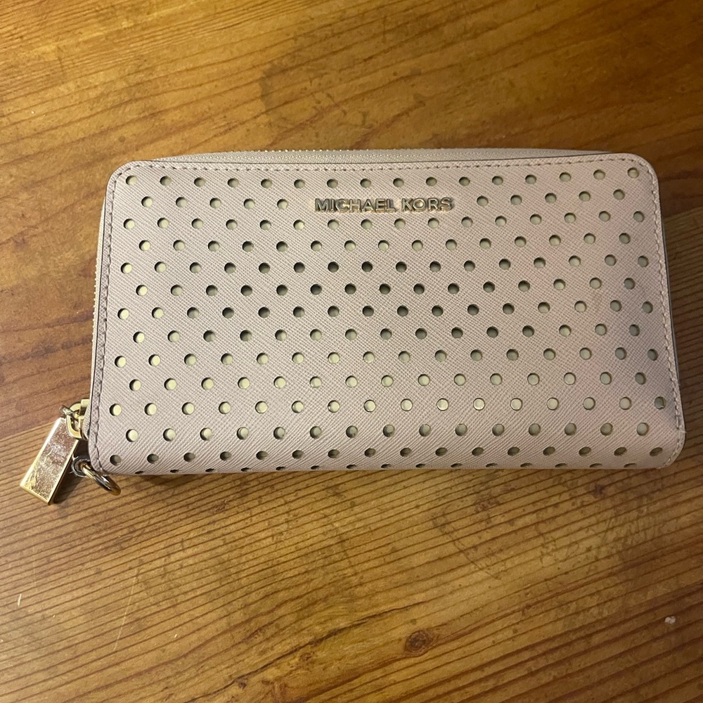 Michael Kors Cream Wallet with Perforated Design and Zip Closure